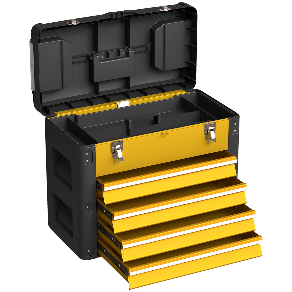 Caja de herramientas de 4 cajones, caja de herramientas de acero termolacado con bandeja extraíble, 49,7x25,3x40,7 cm, amarillo