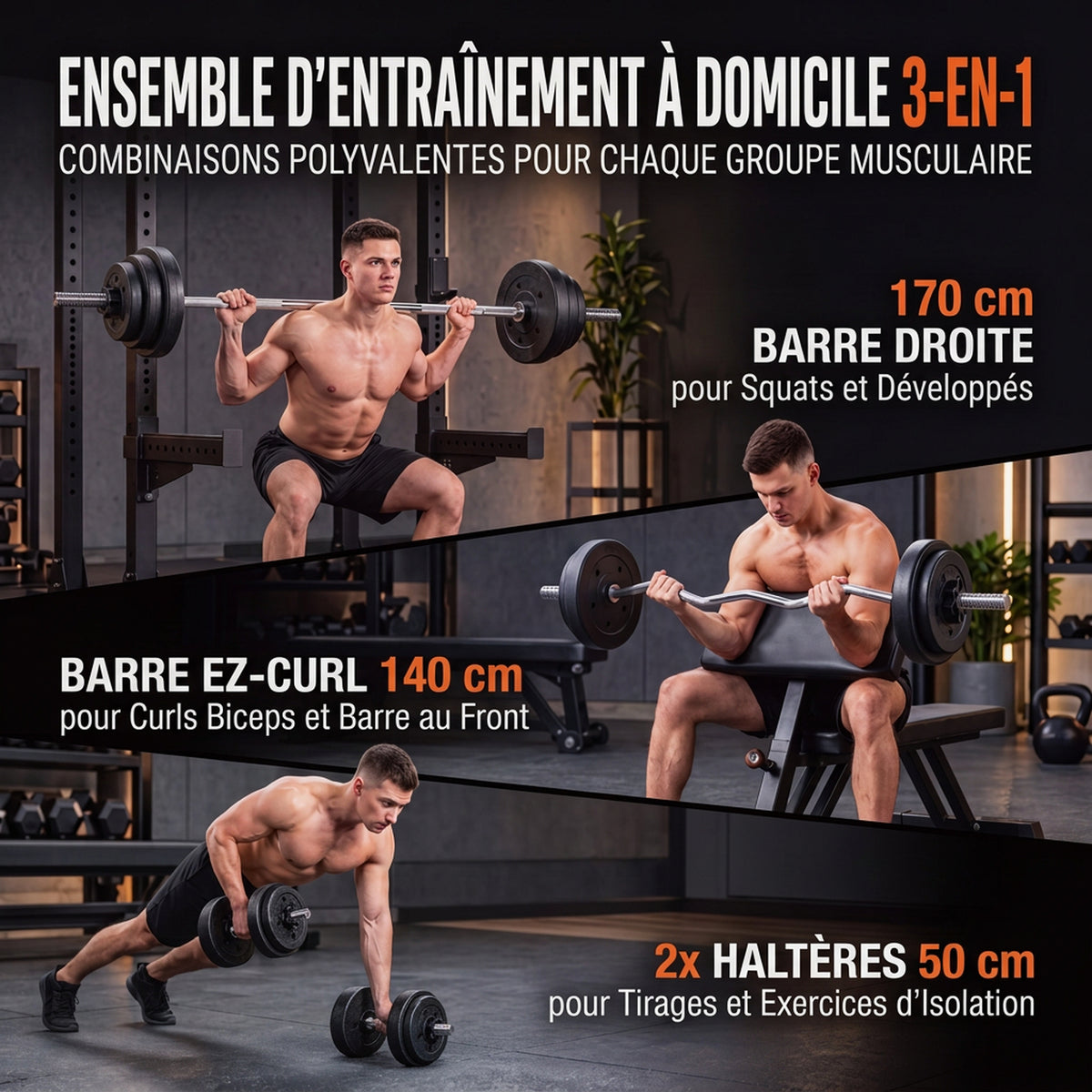 Hantel-Set 50 kg 3-in-1, Verstellbare Gewichte mit PP-Beschichtung, Rutschfester Stange, Sicherung, Schwarz