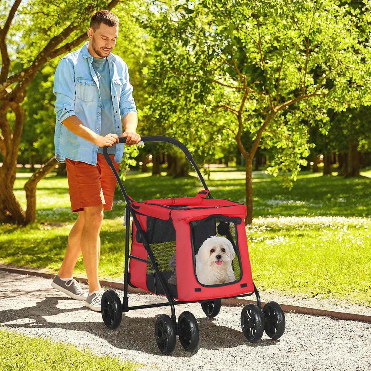 Passeggino pieghevole per animali cane gatto con cuscino incluso ruote con freno tessuto Oxford 600D 102 x 62 x 105 cm rosso