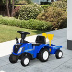 Porteur tracteur enfants avec coffre amovible, râteau et pelle, voiture enfants avec lumière LED et klaxon, bleu