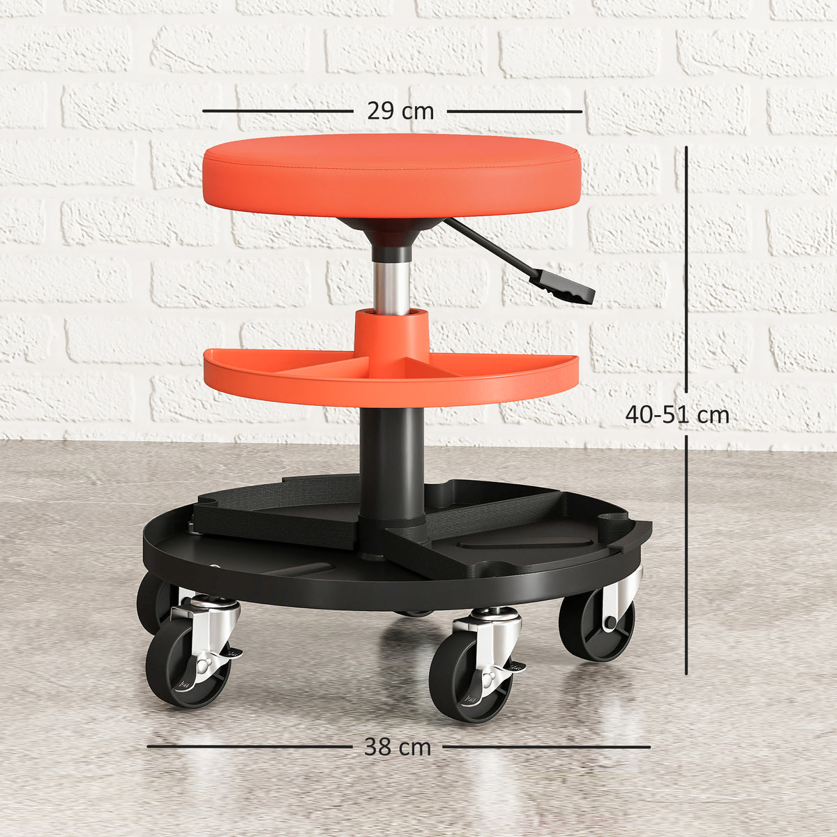 Tabouret d'atelier à roulettes, tabouret de mécanicien avec hauteur réglable 40-51 cm, 2 étagères 38x38x51cm, jaune