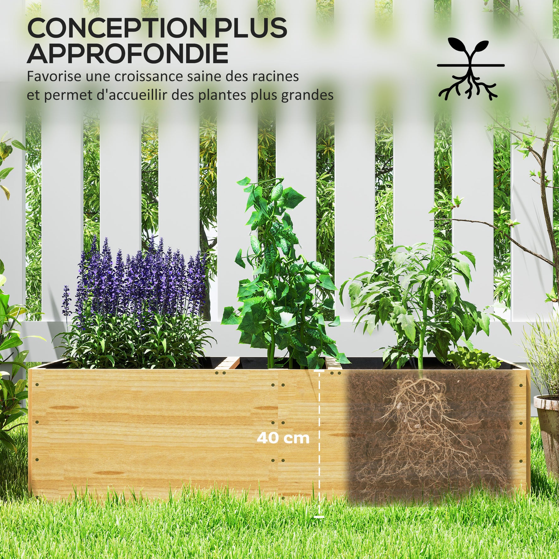 Jardinière extérieur, carré potager en bois, 3 compartiments de plantation et doublure inclus, 140x60x40cm, naturel