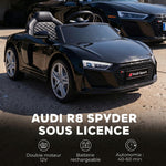 Voiture Électrique Enfants 12V Audi R8 Spyder, Véhicule Électrique, 2 Moteurs, Télécommande 2,4G, Batterie Lithium, Noir