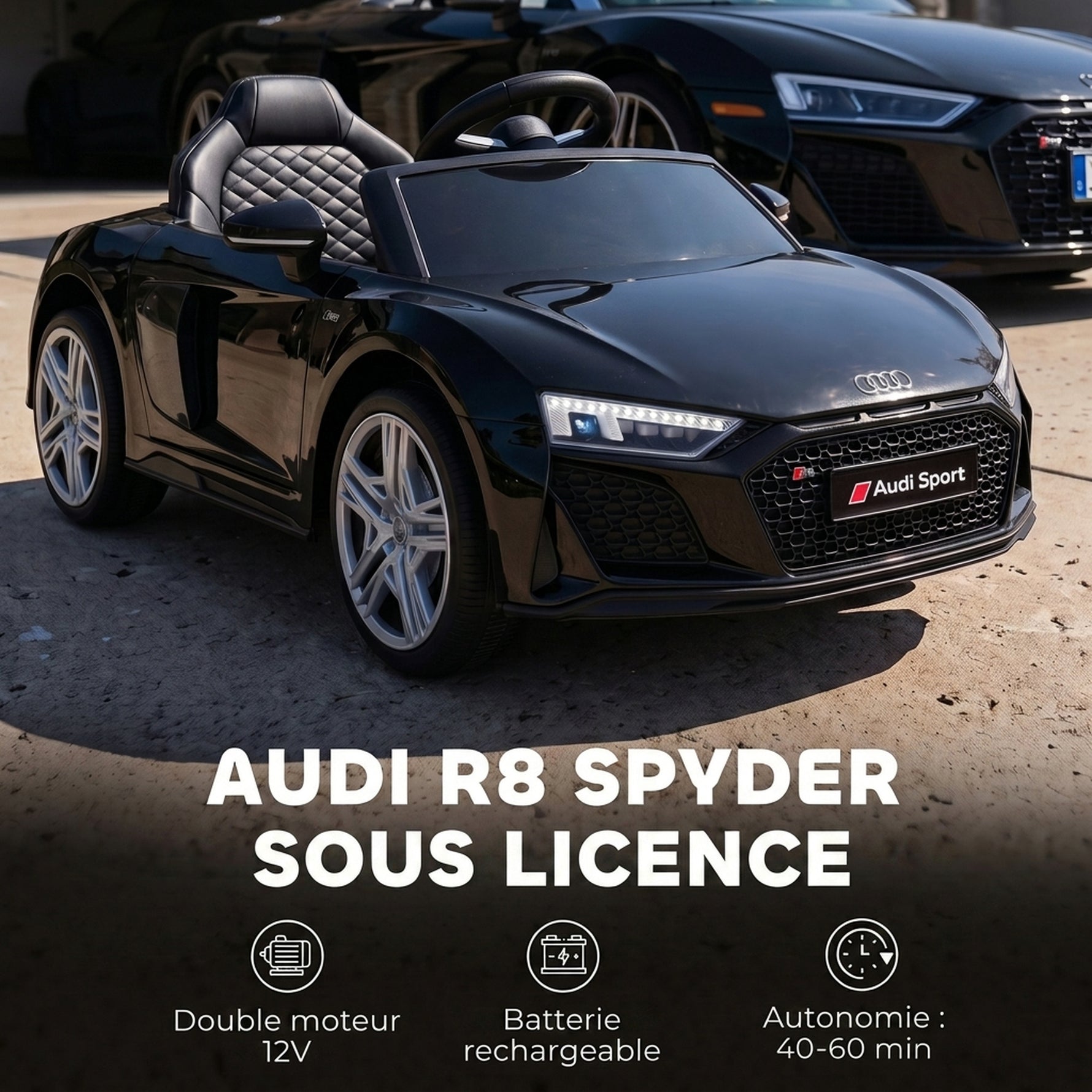 Voiture Électrique Enfants 12V Audi R8 Spyder, Véhicule Électrique, 2 Moteurs, Télécommande 2,4G, Batterie Lithium, Noir