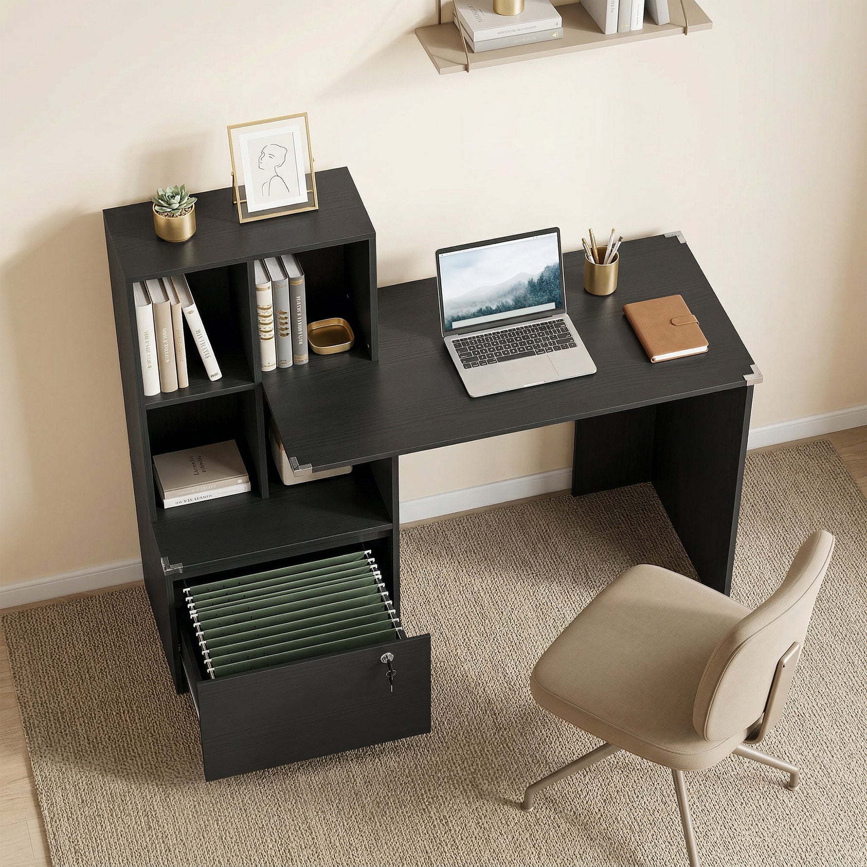 Bureau d'ordinateur avec bibliothèque 4 compartiments et tiroir verrouillable, 126 x 50 x 109 cm, noir