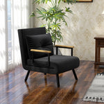 Fauteuil convertible 4 en 1 lit 1 place dossier 5 positions, accoudoirs en bois et coussin, tissu effet velours, noir