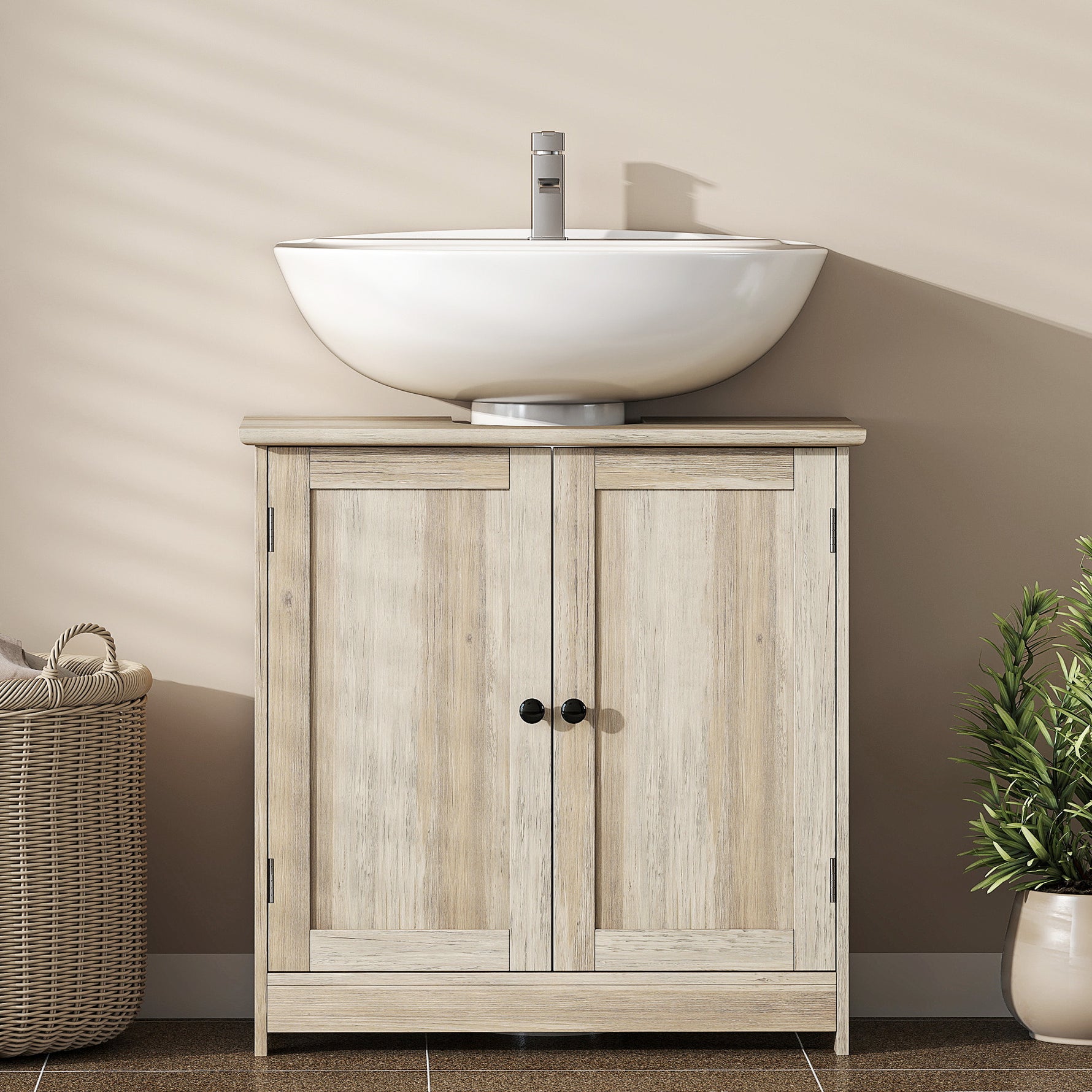 Meuble sous Lavabo, Meuble de Salle de Bain Placard à 2 Portes, Étagère Réglable, Anti-Humidité, 60 x 30 x 60 cm, Gris