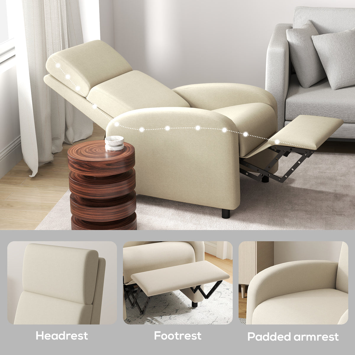 Fauteuil Relax Inclinable jusqu'à 160° Manuellement avec Repose-Pieds Intégré, Charge Max. 120kg, Grand Confort, Crème
