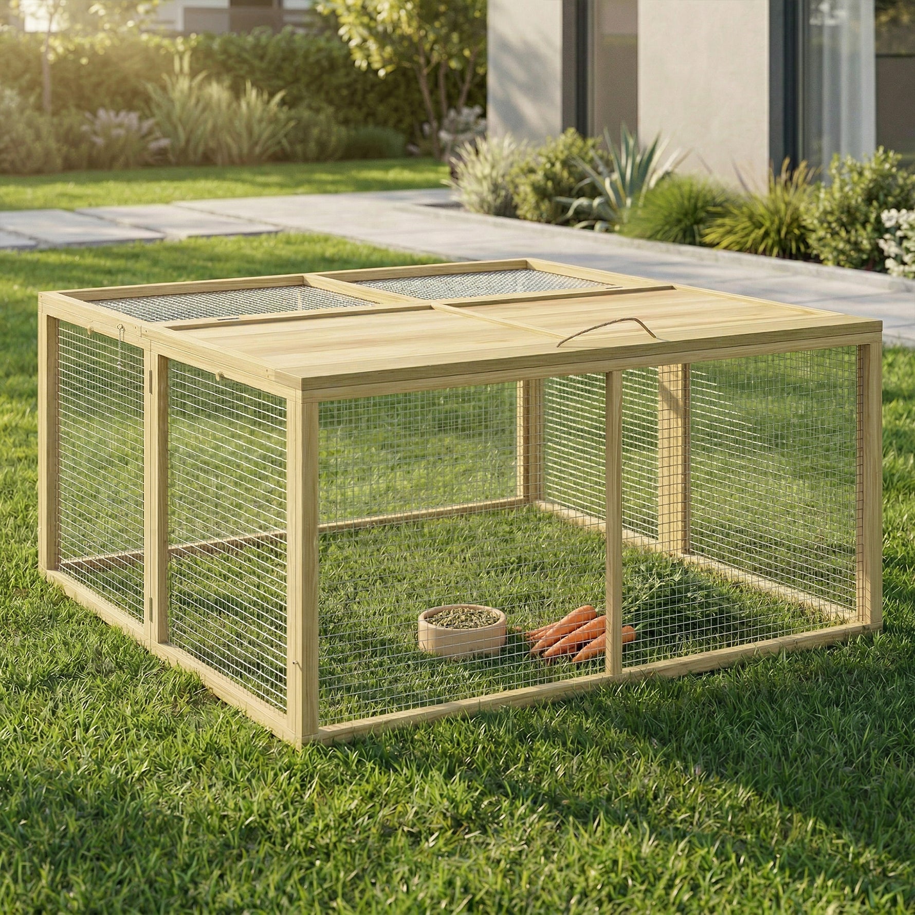 Enclos Lapin Extérieur Cage Lapin Intérieur Pliable Toit Ouvrant Total Poignée 1,44㎡ 120x120x57cm Naturel