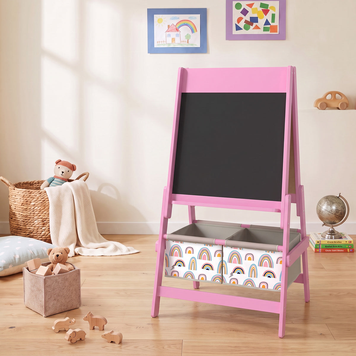3-in-1 Dubbelzijdige Kinderezel, Lessenaar en Witbord, Papierrol, Manden, Plank, 3-8 Jaar, Roze