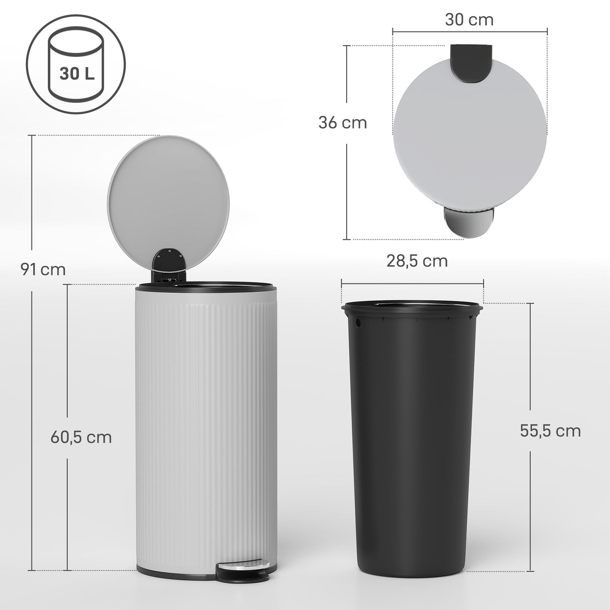 Poubelle cuisine 30L, poubelle à pédale avec seau intérieur amovible, couvercle à fermeture douce, 36x30x60,5cm, gris