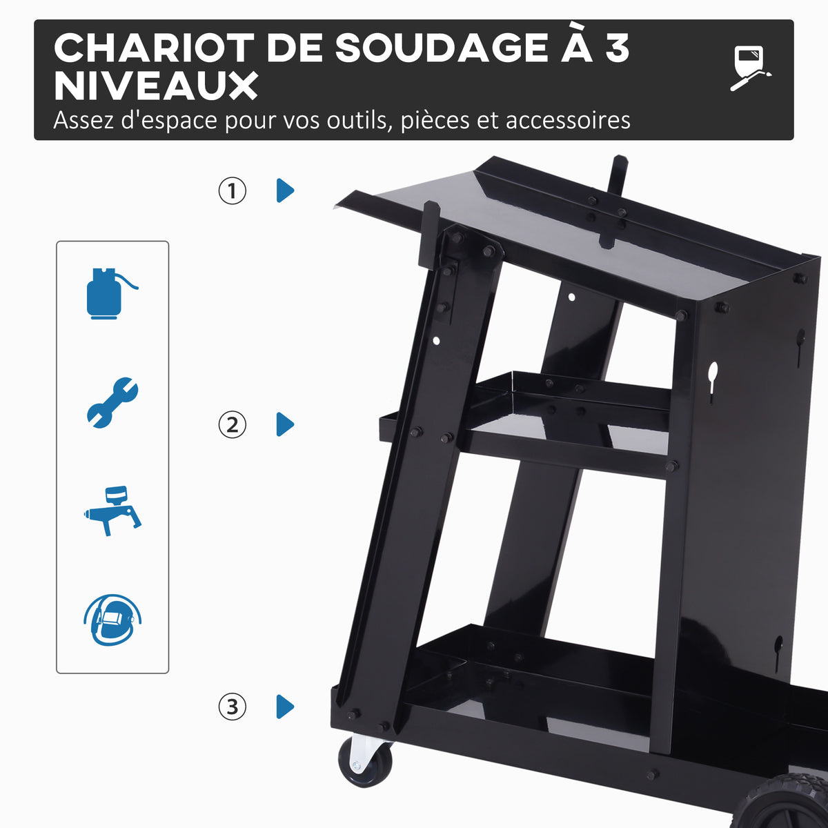 Chariot de soudage mobile à 3 niveaux avec 4 roues, porte-bouteille de gaz et chaînes de sécurité, charge 50 KG, noir