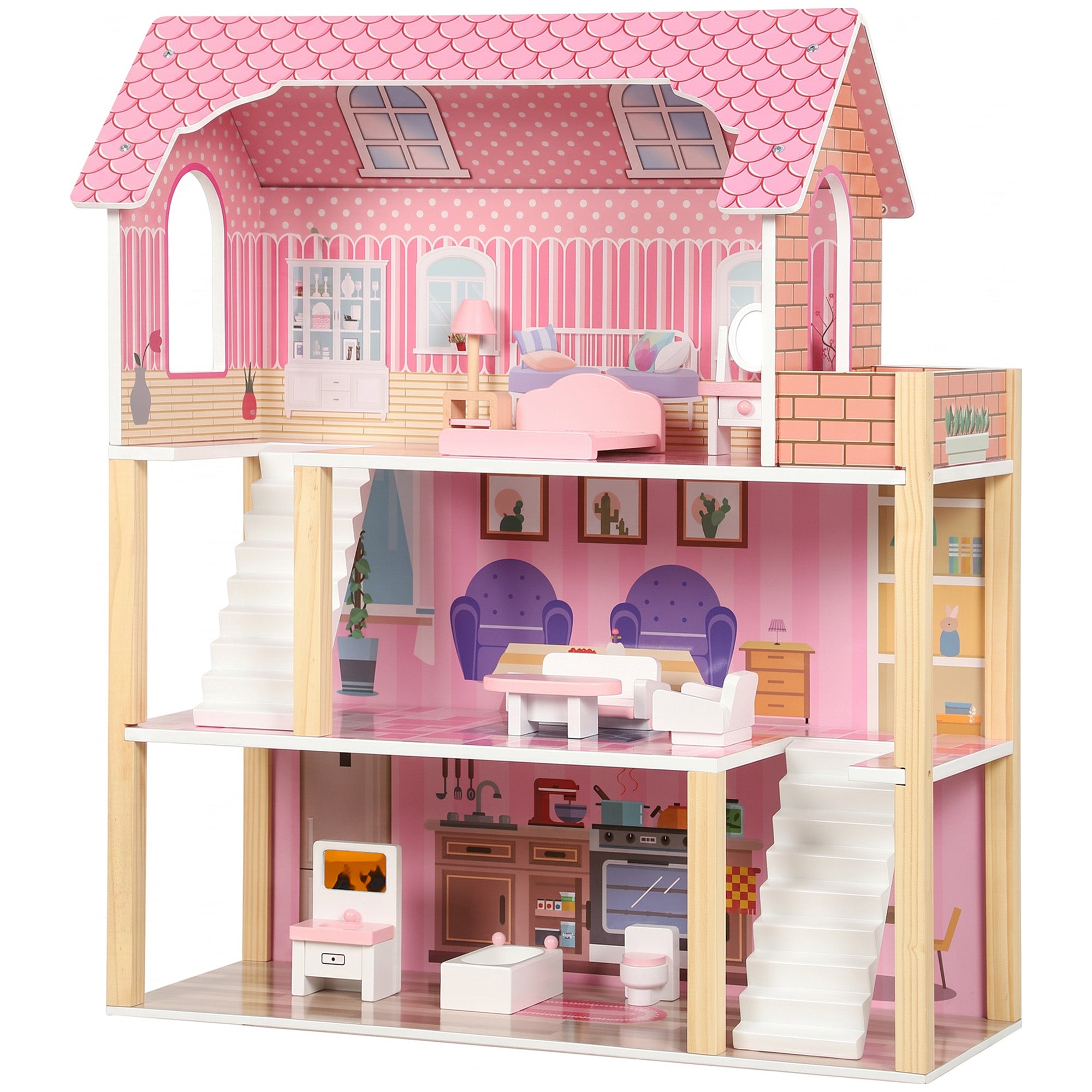 Maison de Poupée en Bois pour Enfants, Maison de Rêve Filles à 3 Étages avec Balcon, Escaliers et 10 Accessoires, Rose