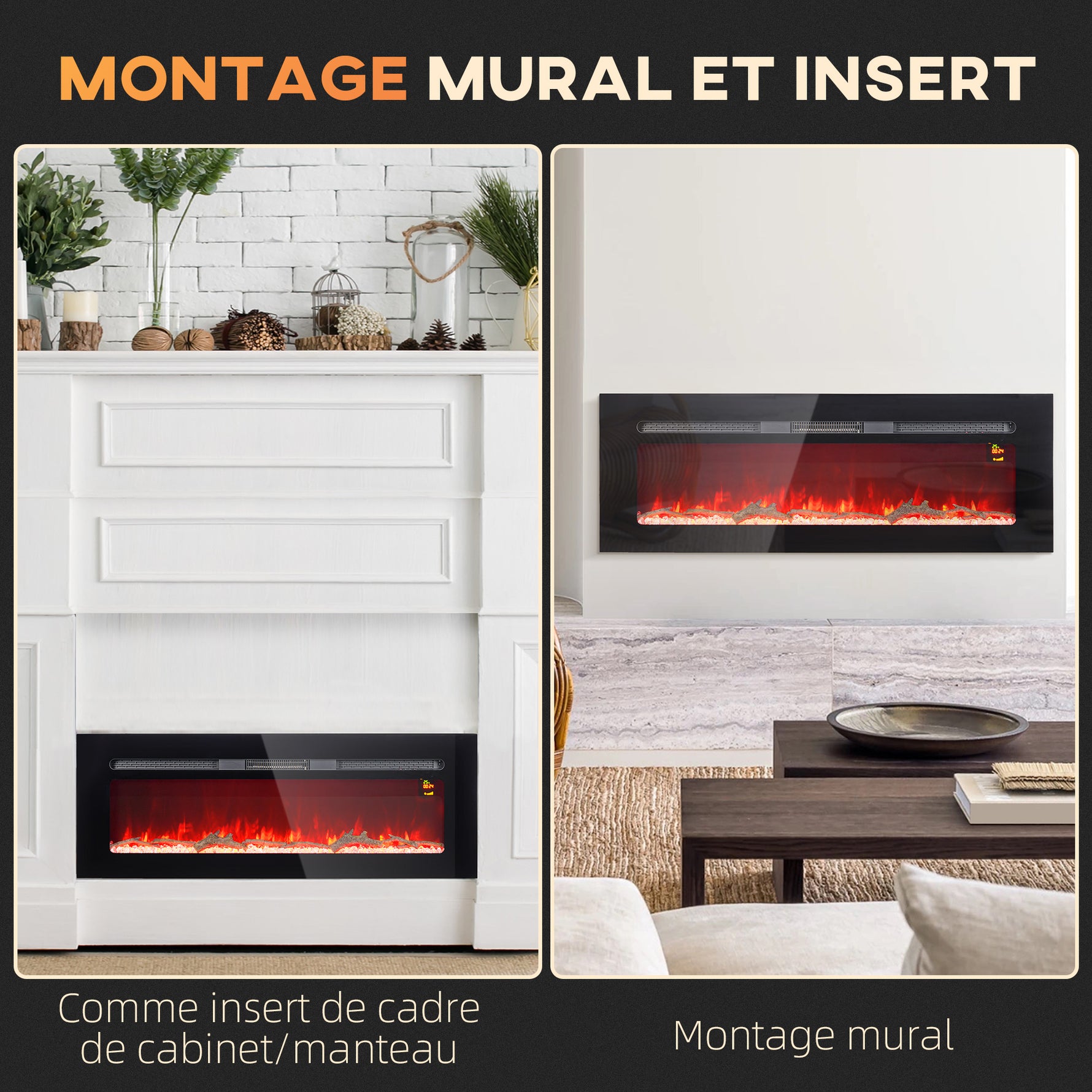 Cheminée électrique 1800 W avec effet flamme en LED 3 couleurs et 5 luminosités, montage mural/encastrable