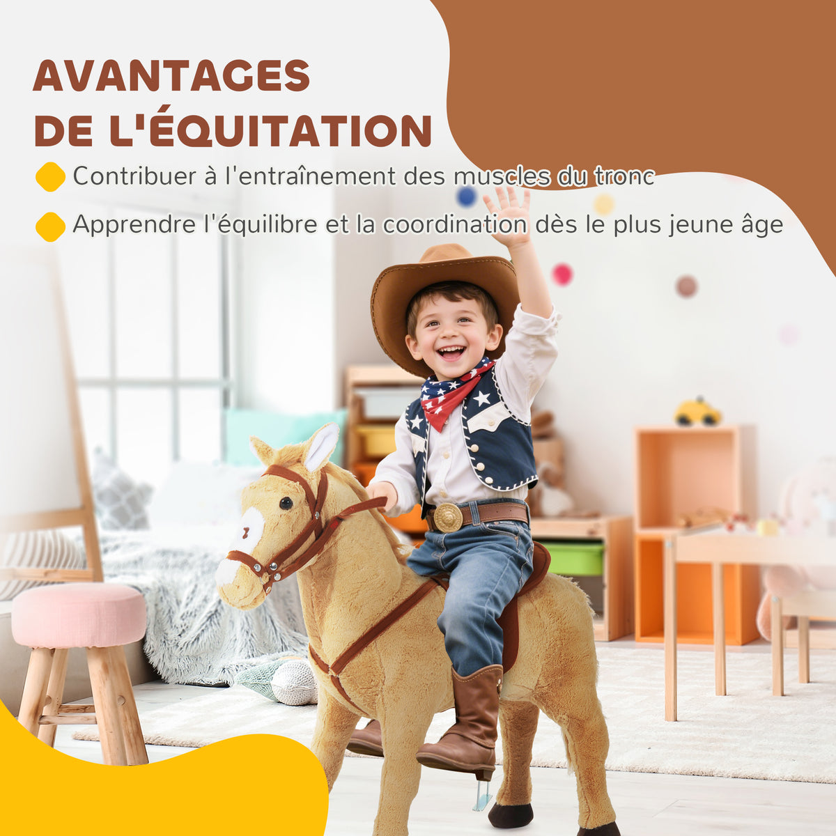 Cheval debout en peluche pour enfant à partir de 2 ans avec effets sonores selle et bride 85 cm (longueur) beige