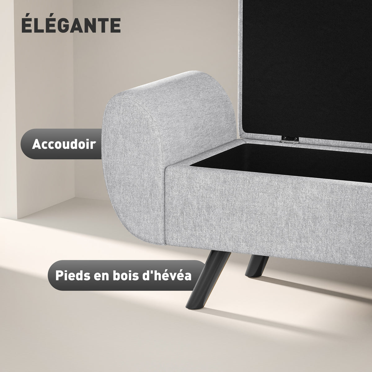 Banc de rangement 53,8L avec siège rembourré en lin et accoudoirs, pour salon, chambre, entrée, 132 x 42 x 50 cm, gris