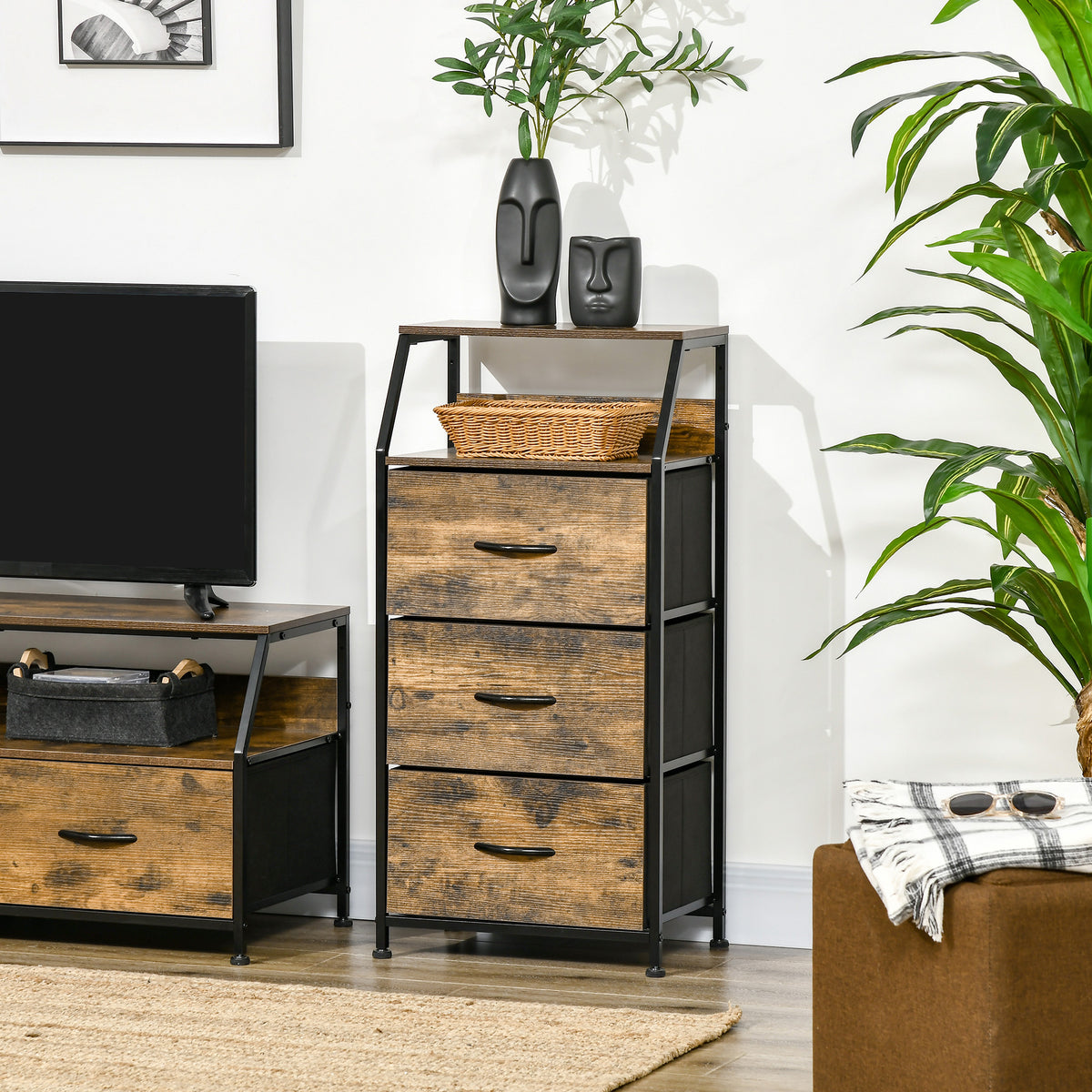 Estilo industrialeko biltegiratze-altzaria, 3 tiradera aldagarri (oihalezkoak) eta 2 apal dituen komoda - 44 x 29 x 92 cm - egurra eta metala