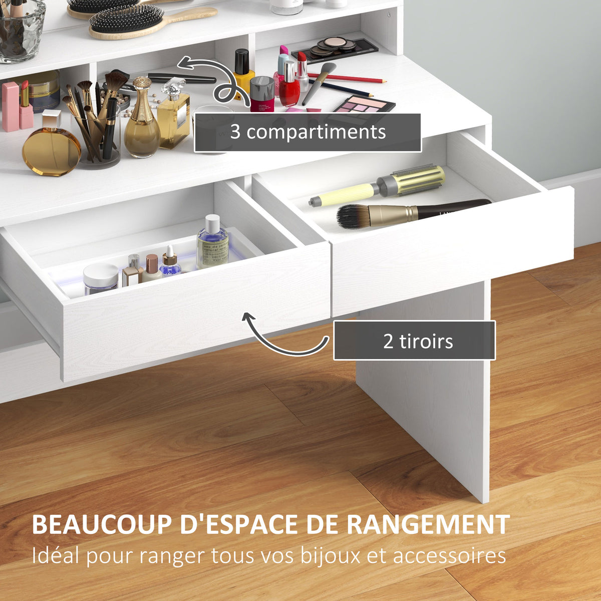 Coiffeuse avec miroir Hollywood, tiroirs, 3 modes d'éclairage, 10 ampoules, 80 x 40 x 135 cm, blanc