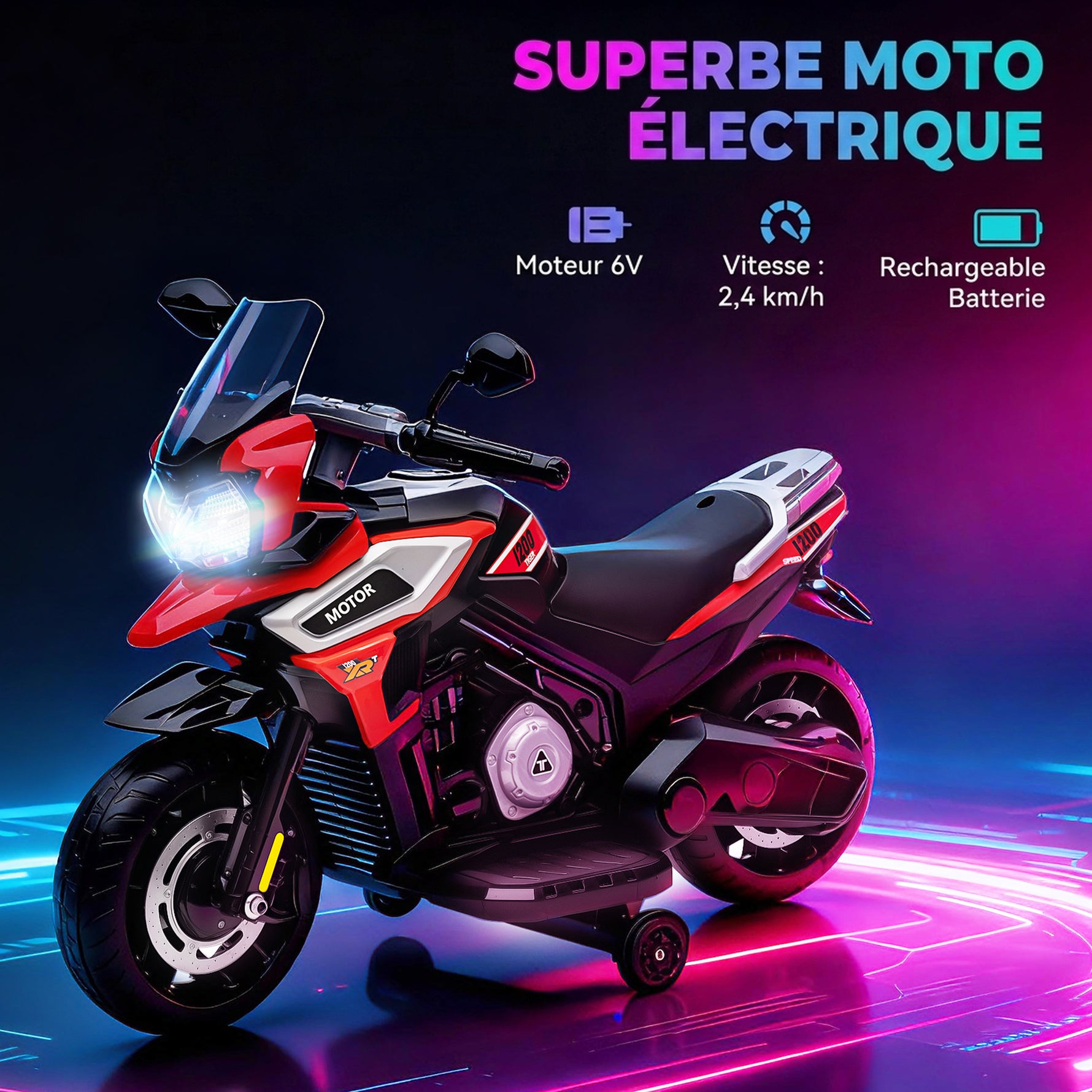 Moto Électrique Enfants 6 V, Voiture Électrique Enfants avec Roues d'Entraînement, Musique, Effets Lumineux, Rouge