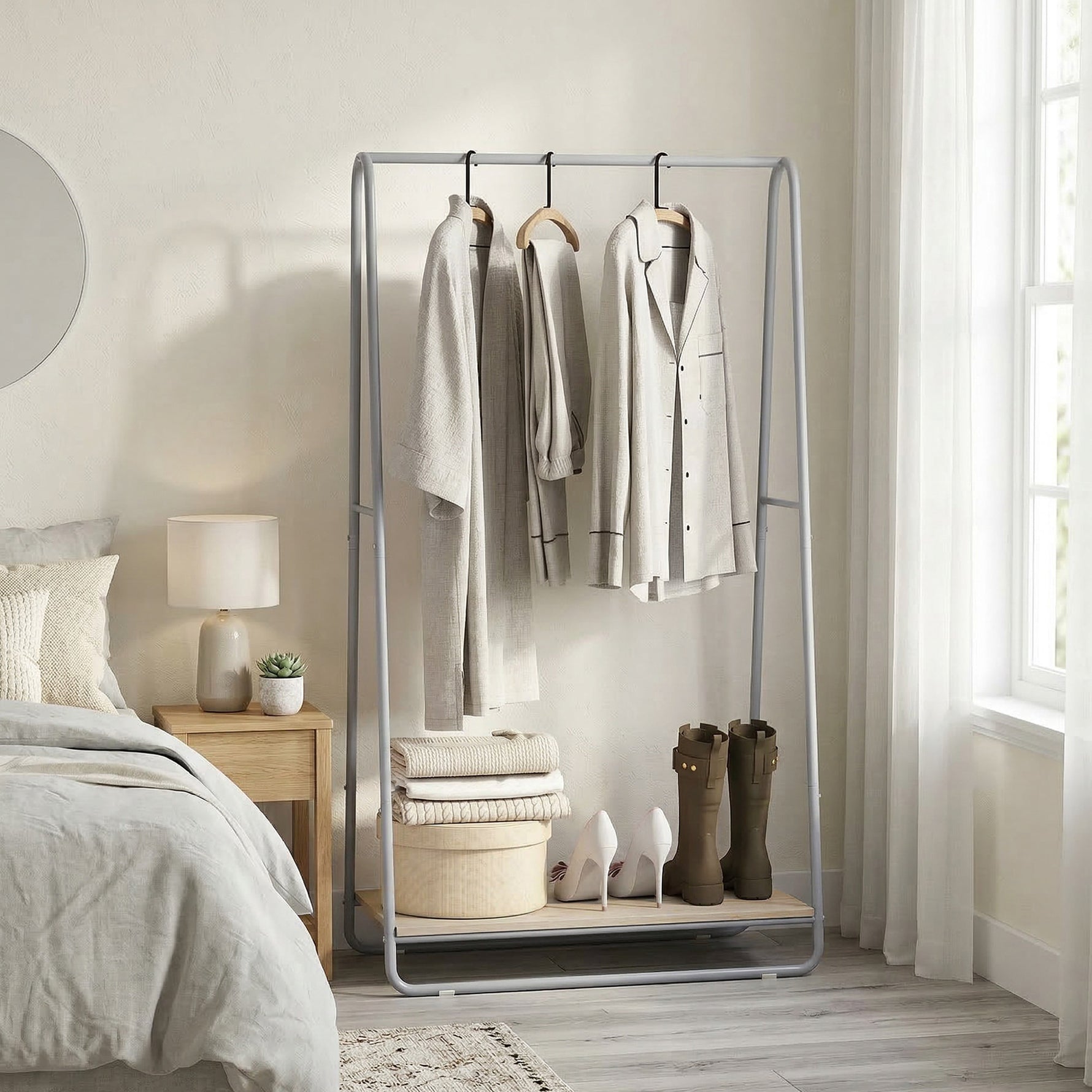 Portant à vêtement 3 en 1, portemanteau avec porte-chaussures, tringles supérieures et latérales, gris