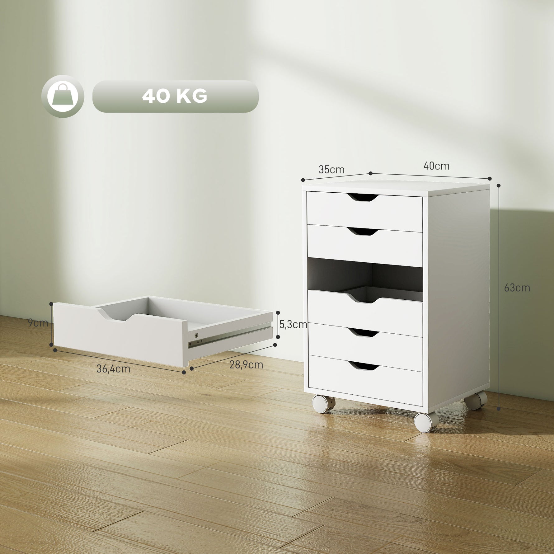 Caisson de Bureau Mobile avec 6 Tiroirs Silencieux, Caisson de Rangement sur Roulettes,  40 x 35 x 63 cm, Blanc