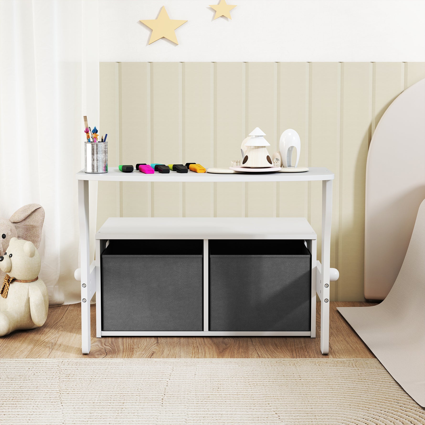 Coffre à jouet enfant 3 en 1, ensemble table et chaises avec 2 bacs en tissu amovibles, 67,5 x 46,5 x 56,7 cm, blanc