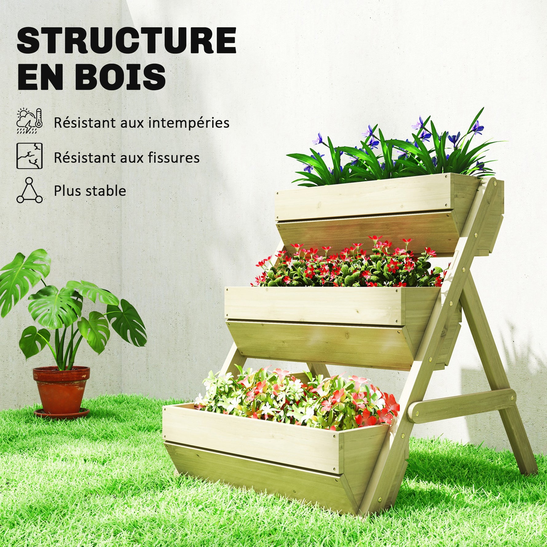 Jardinière surélevée en bois avec 3 étages, étagère en escalier pour plantes avec trous de drainage, 65x75x76cm, vert