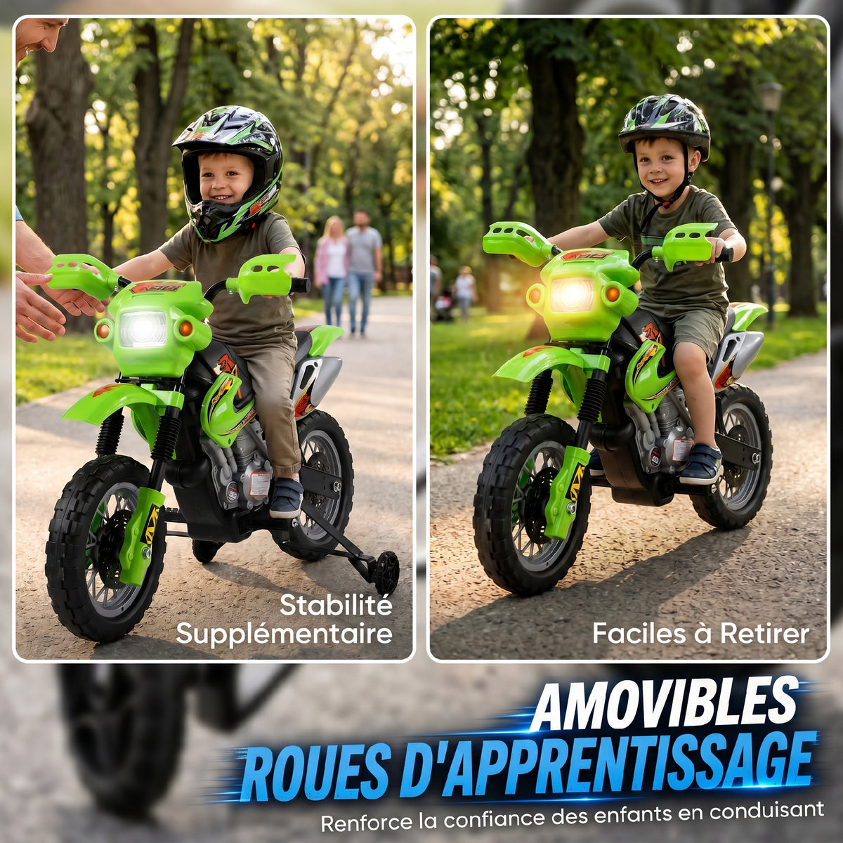 Elektro-Motorrad für Kinder, Kinder-Motocross mit 6-V-Batterie, Scheinwerfern, Musik und Stützrädern, 3 bis 6 Jahre, Traglast 25 kg, Grün und Schwarz