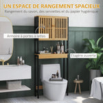 Étagère de toilettes meuble de salle de bain dessus toilette WC avec placard 2 portes et étagère ouverte bambou