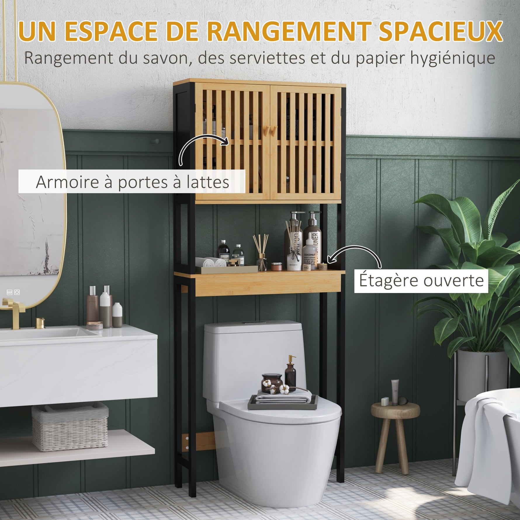 Étagère de toilettes meuble de salle de bain dessus toilette WC avec placard 2 portes et étagère ouverte bambou