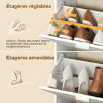 Meuble à chaussures 16 paires armoire à chaussures 4 tiroirs rabattables 2 portes en miroir étagères réglables blanc