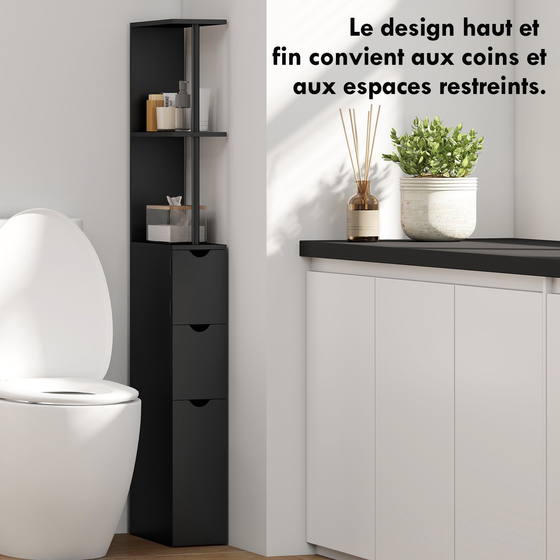 Meuble colonne salle de bain armoire de salle de bain avec tiroirs étagères ouvertes placard 15 x 33 x 136,8 cm noir