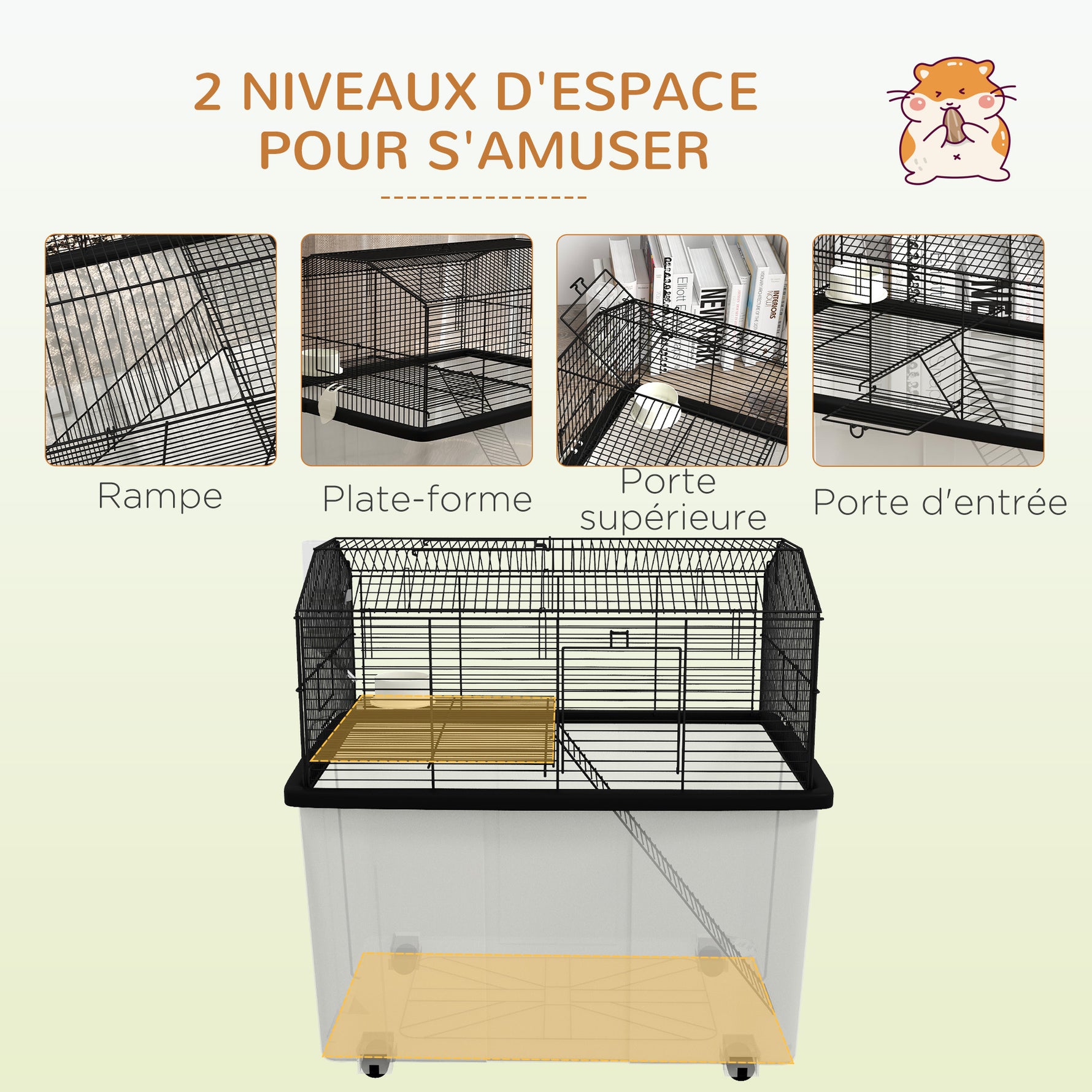 Cage hamster cage rongeur 2 étages avec roulettes plate-forme et échelle en fil d'acier 57 x 43 x 57 cm noir