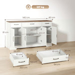 Credenza, mobile da cucina stile rustico con 4 ante a granaio, 3 cassetti, ripiani regolabili, bianco