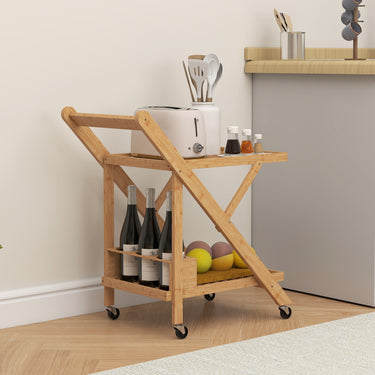 Desserte de cuisine en bambou chariot de service pliable 2 plateaux 4 roues 3 casiers à vin 66 x 40 x 70 cm bois naturel