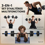 Kit Haltères Musculation Haltères Réglables 25 kg 3 en 1, Ensemble de Poids Réglable avec Barre d'Extension Bleu