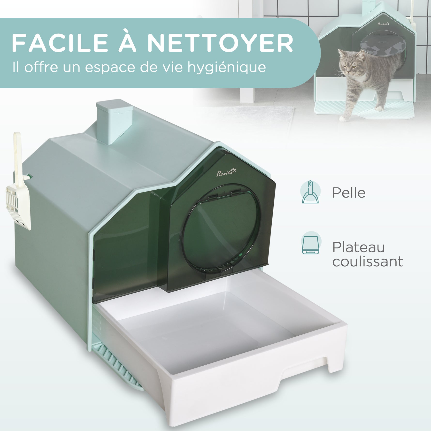 Maison de toilette bac à litière pour chat design maisonnette avec pelle, filtre et tapis dim. 47L x 45l x 42H cm bleu