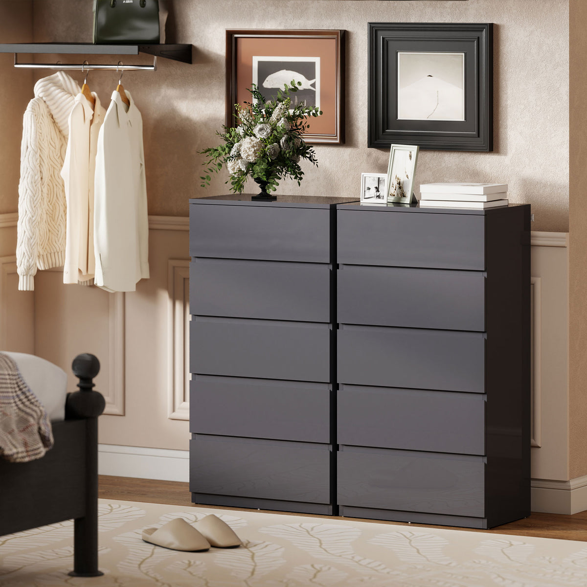 Commode 5 tiroirs, meuble de rangement à haute brillance, fermeture douce et silencieuse, 53 x 34 x 100 cm, gris