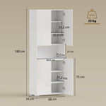 Buffet haut cuisine, armoire de cuisine, 4 portes à fermeture douce et étagères réglables, 68x34x180cm, blanc brillant