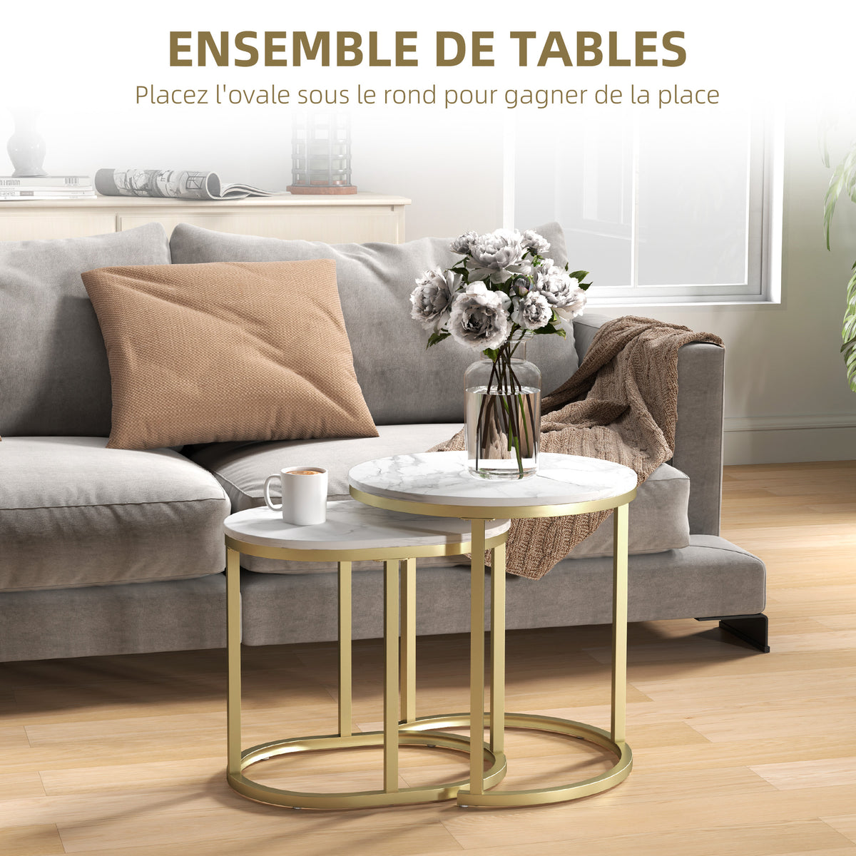 Lot de 2 tables basses tables d'appoint gigognes encastrables structure en acier et plateau en bois aspect marbre or