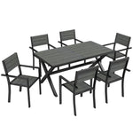 Ensemble de Salle à Manger Extérieur 7 Pièces pour 6 Personnes, Table et Chaises Empilables avec Lattes Effet Bois, Cadre en Aluminium, Gris