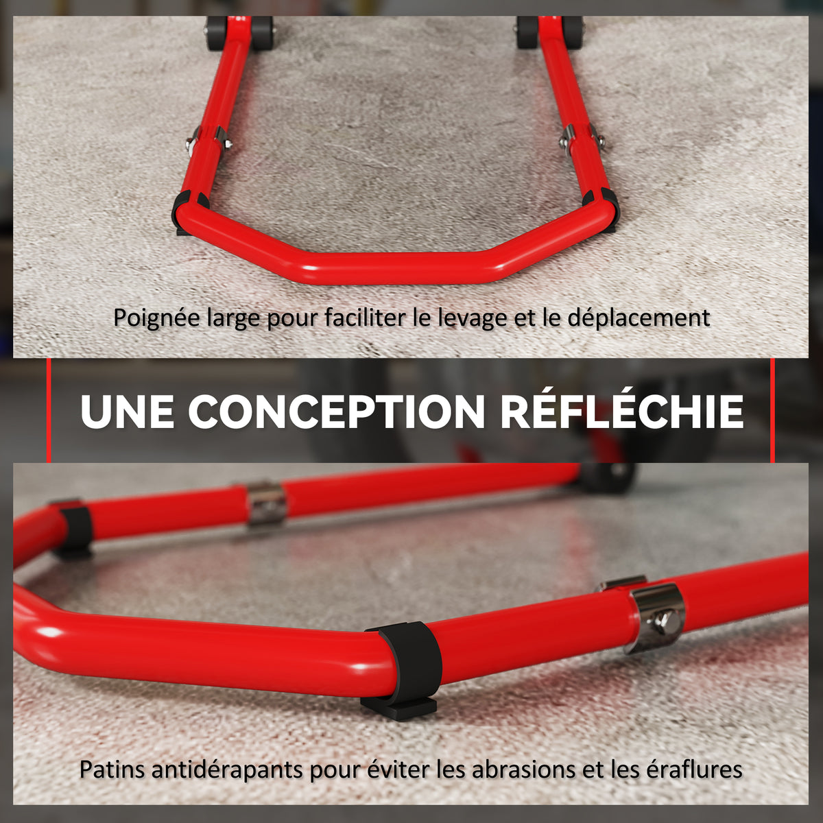 Béquille roue avant arrière charge 390kg béquille d'atelier moto bras réglable en acier, fourche en forme de U + L rouge
