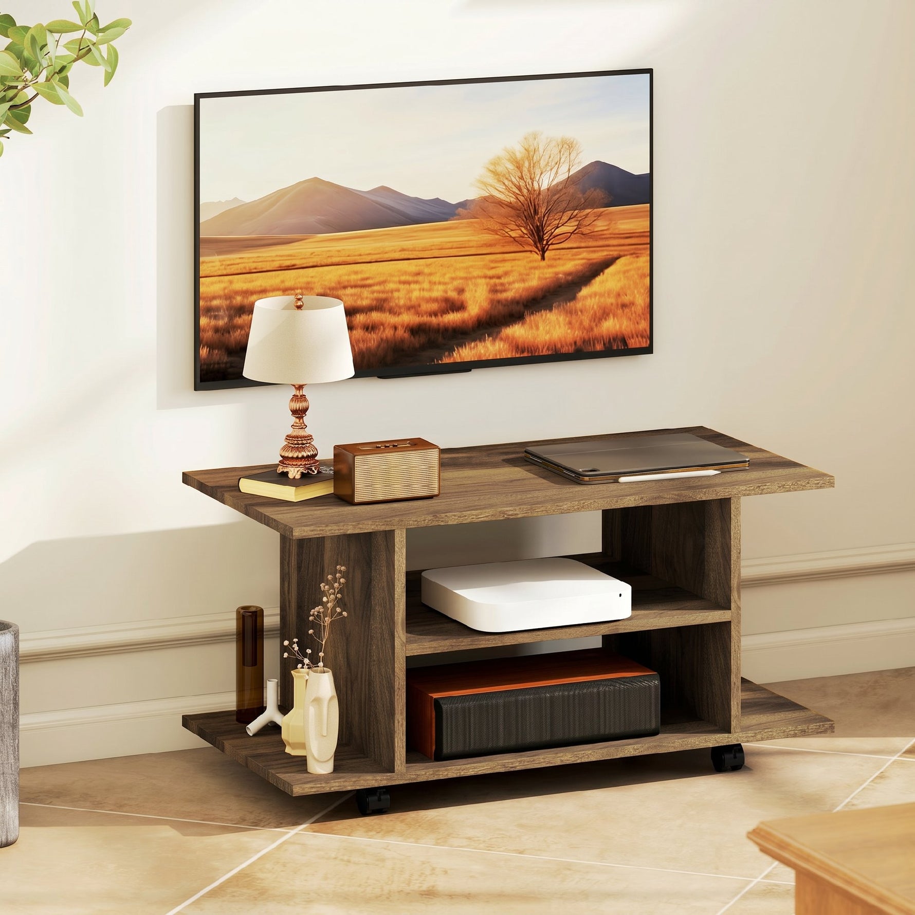 Meuble TV avec roulettes 80 cm, meuble télé pour téléviseur jusqu'à 42 pouces avec étagères ouvertes, noyer