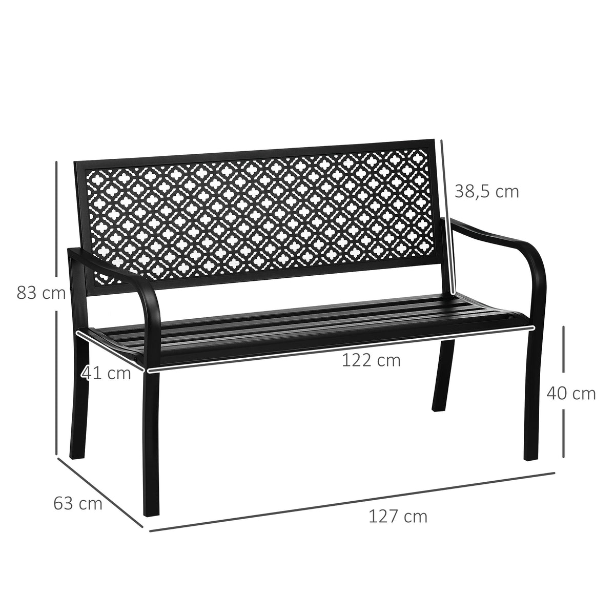 Banc de jardin banc extérieur jardin en acier avec dossier à motif floral pour 2 personnes 127 x 63 x 83 cm noir