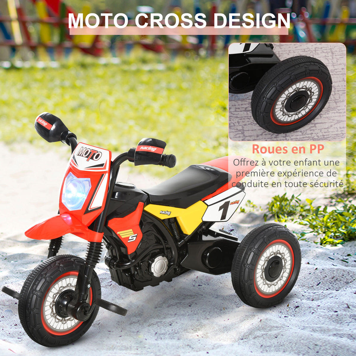 Tricycle Enfants Moto Cross Effets musicaux et Lumineux Coffre Rangement Rouge