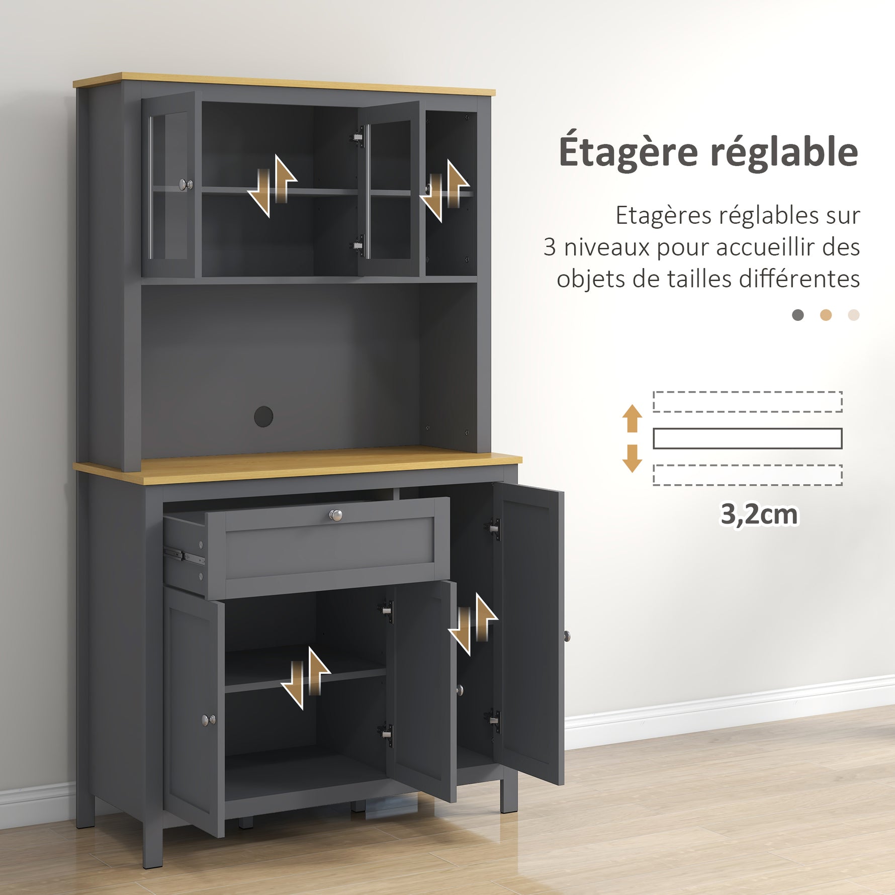 Armoire de cuisine buffet cuisine 5 portes dont 2 portes vitrées et 1 tiroir, 1 niche centrale - hauteur 180 cm gris