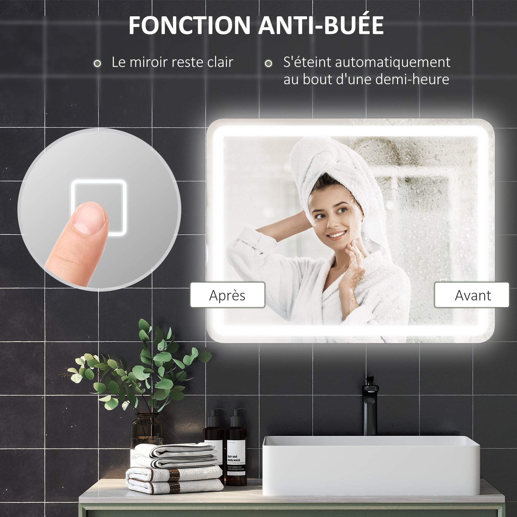 Miroir de salle de bain rectangulaire LED fonction anti-buée luminosité réglable fonction mémoire 70 x 90 cm argent