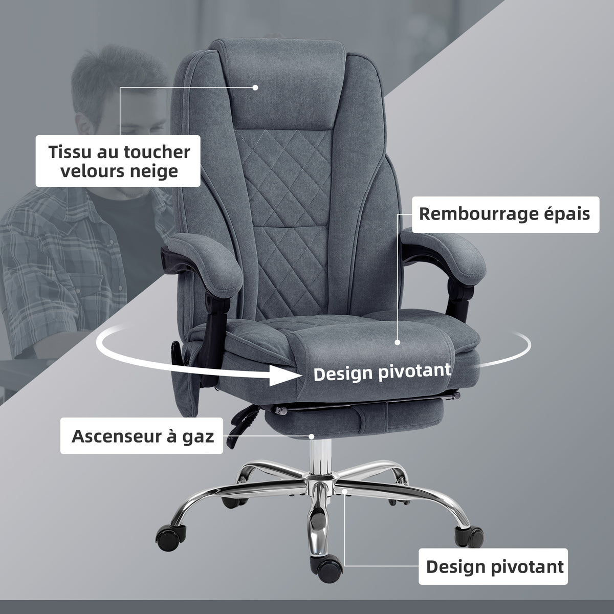 Fauteuil de bureau massant et chauffant hauteur réglable dossier inclinable télécommande repose-pieds rétractable gris