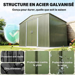 Abri de jardin 5,4 m² 2,77 x 1,95 x 1,92 m kit de fondation porte coulissante ventilations acier galvanisé, vert clair