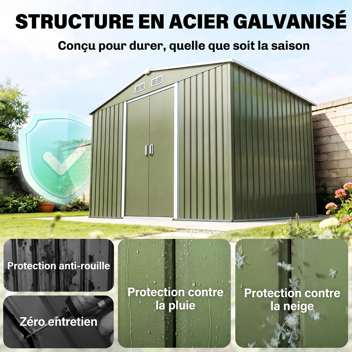 Abri de jardin 5,4 m² 2,77 x 1,95 x 1,92 m kit de fondation porte coulissante ventilations acier galvanisé, vert clair
